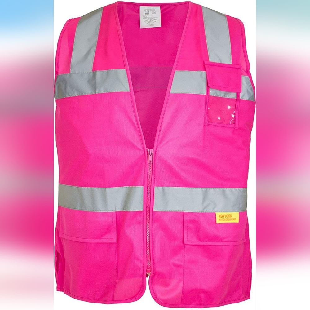 Pink and Gray Reflective Safety Vest Pockets Front Zipper